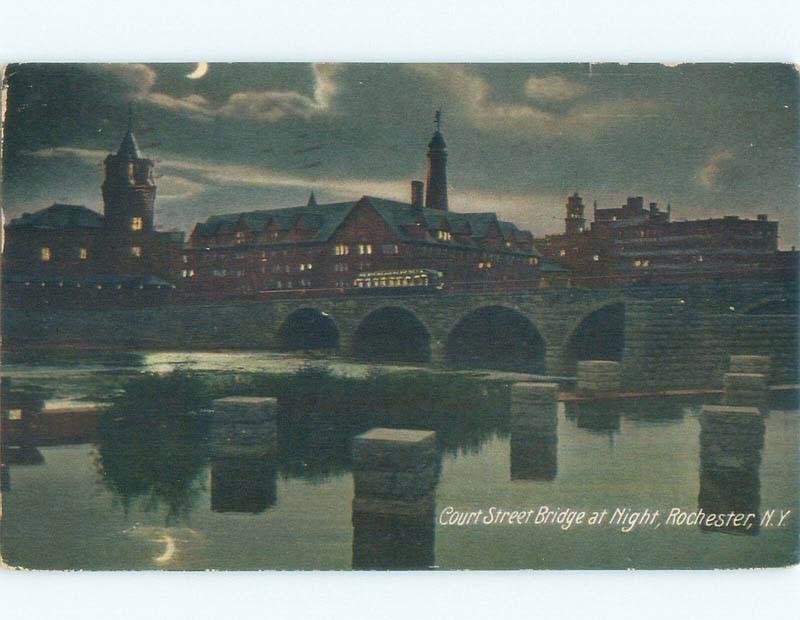 Divided-Back BUILDINGS BY COURT STREET BRIDGE AT NIGHT Rochester NY d5159