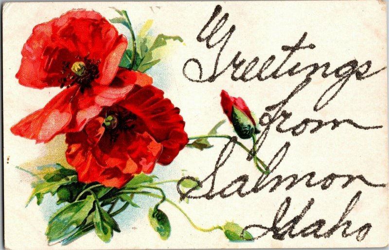 Greetings from Salmon ID Floral Glitter Embossed Vintage Postcard B76