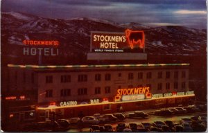 Postcard Night View of Stockmen's Hotel in Elko, Nevada