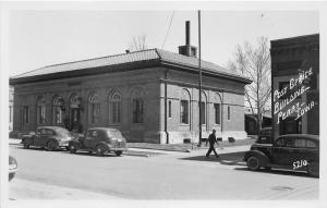 Perry Iowa~Post Office Building~Man Crosses Street~Classic Cars~1940s RPPC