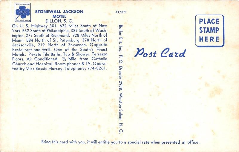 Dillon South Carolina~Stonewall Jackson Motel~Aerial & Swimming Pool Views~1950s