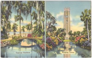 Cypress Gardens, Singing Tower, Map, Vintage Linen Florida Advertising Card