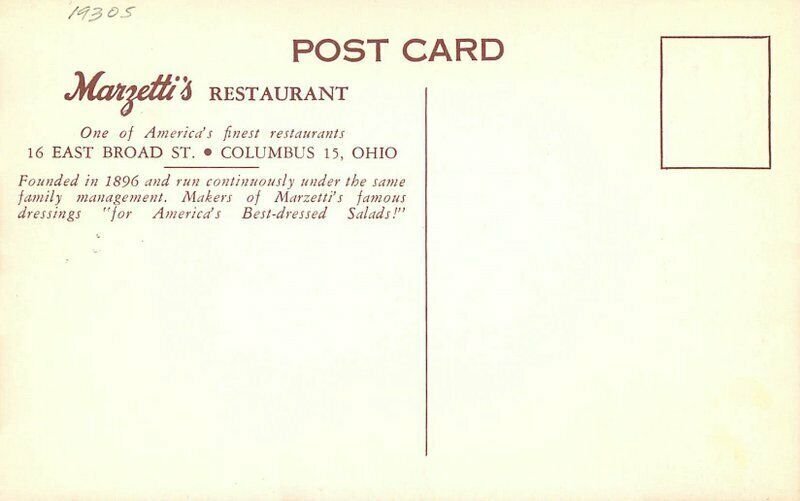 Columbus Ohio Marzetti Restaurant roadside 1930s Interior Postcard 21-12177