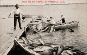 Winnipeg MB Exaggeration Fish Fishing 'How We Do Things' Johnson Postcard G72