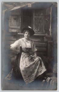 RPPC Woman Tyrolean Costume c1910 Studio Props Real Photo Postcard L27