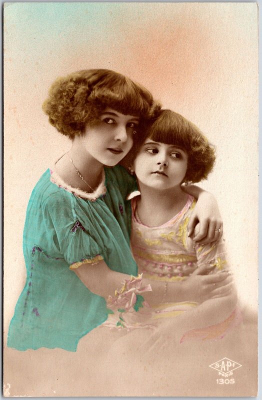 Lovely Photograph Two Siblings Pretty Faces Short Curly Hair Postcard