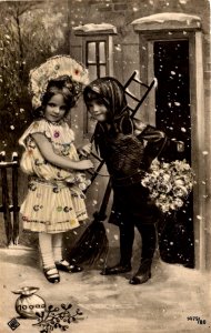 Children in Winter - Glittered - c1909