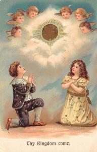 THY KINDGOM COME  Boy & Girl Praying~Cherubs~Angels   c1910's Embossed Postcard