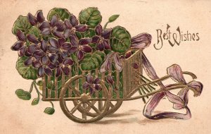 Vintage Postcard 1910's Best Wishes Flower In Cart Violet Petals Pink Ribbon