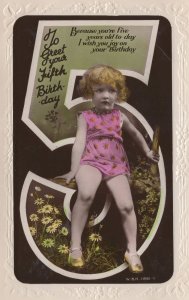 Crazy 5th Birthday Child Holding Stick Of Wood Real Photo Postcard