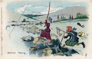 Salmon Fishing Lady Fisherman Comic Old Postcard With Fault