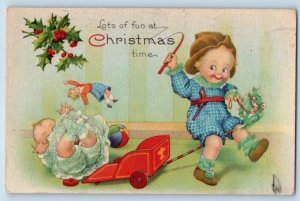 Christmas Postcard Children Playing Holly Berries Pasadena California CA 1924