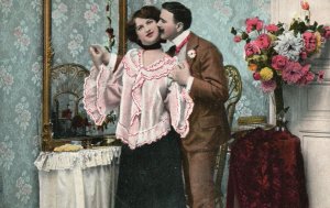 Man And Woman Kissing and In Love Victorian Room, Romance, Vintage Postcard