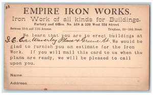 c1880's Empire Iron Works Construction Factory Office NY City NY Postal Card 