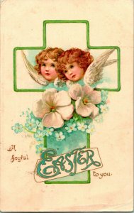 Vtg Postcard 1907 A Joyful Easter w Cross, Flowers and Children