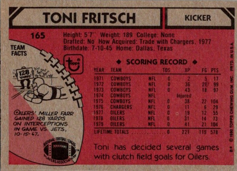 1980 Topps Football Card Toni Fritsch K Houston Oilers sun0448