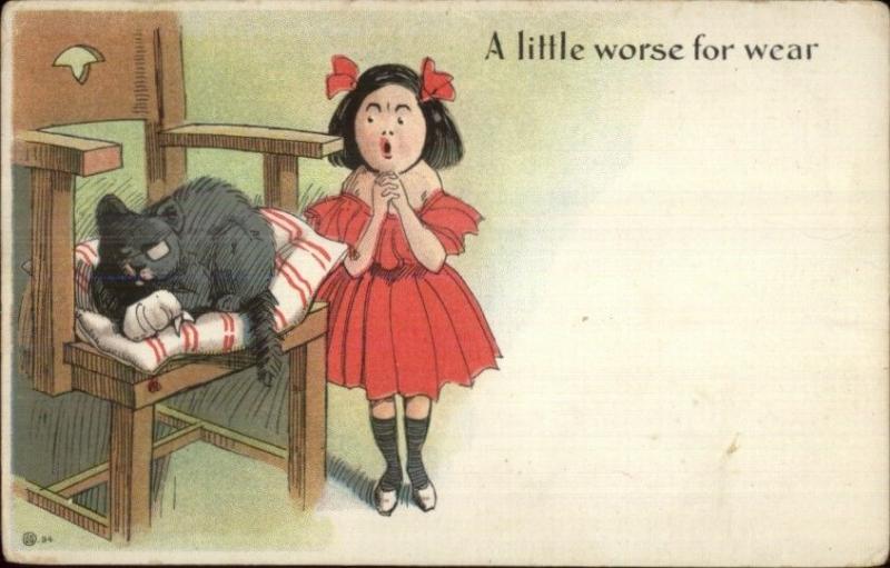 Little Girl & Black Kitty Cat w/ Eye PatchLITTLE WORSE FOR WEAR Postcard c1905