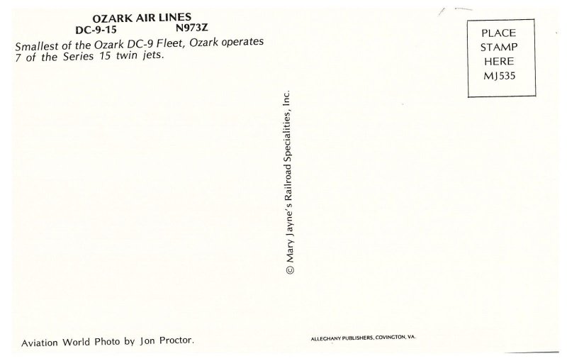 Ozark Air Lines DC-9-15 Airplane Postcard