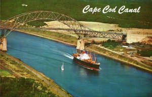 Cape Cod MA Canal Ship Boat Passing Under Sagamore Massachusetts Postcard 334