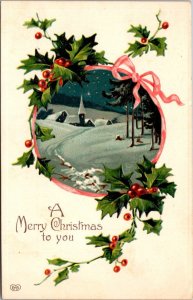 Merry Christmas With Holly and Winter Scene 1920