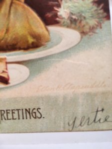 Hearty Thanksgiving Greetings Turkey Dinner Table Flowers Clapsaddle Pie Tea Emb