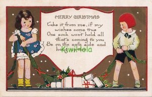 Postcard Merry Christmas Children and Poem