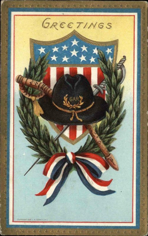 Civil War GAR American Flag Hat and Sword c1910 Vintage Postcard