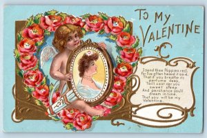 Holmes ND Postcard Valentine Cupid Angel Pretty Woman Floral Heart Embossed