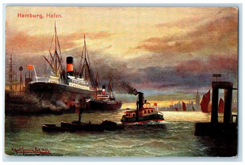 c1910 Steamship Steamboat Sailing in Harbor Hamburg Germany Antique Postcard