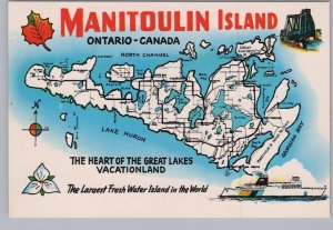 Manitoulin Island, Ontario, Canada, Map Showing Major Routes, Chrome Postcard