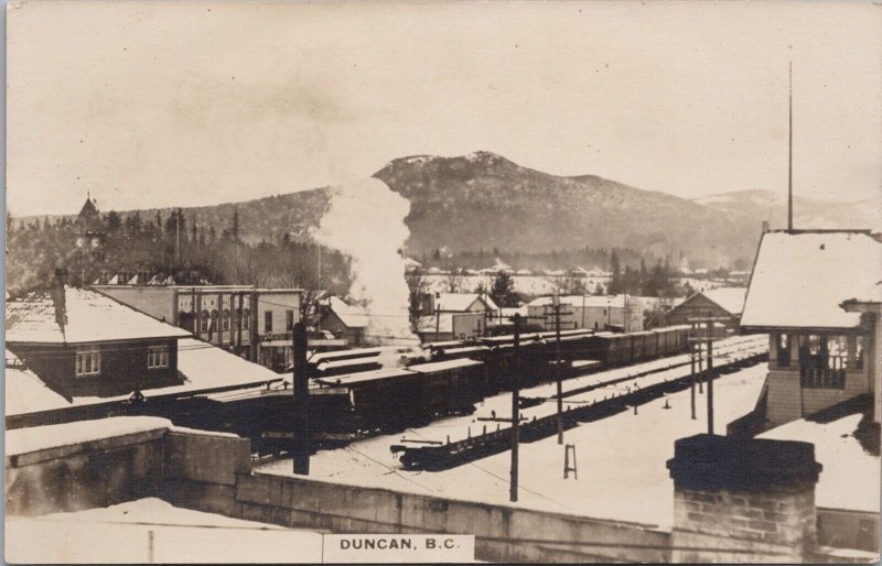 Duncan BC Railway Station Railroad Cars Birdseye Unused Real Photo Postcard H29