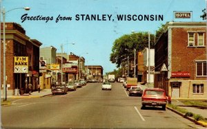 Greetings Stanley Wisconsin Old Car Sign Clock Bank Hotel Postcard