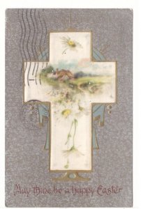 May Thine Be A Happy Easter, Rural Scene, Silk Cross, 1909 Winsch Back Postcard