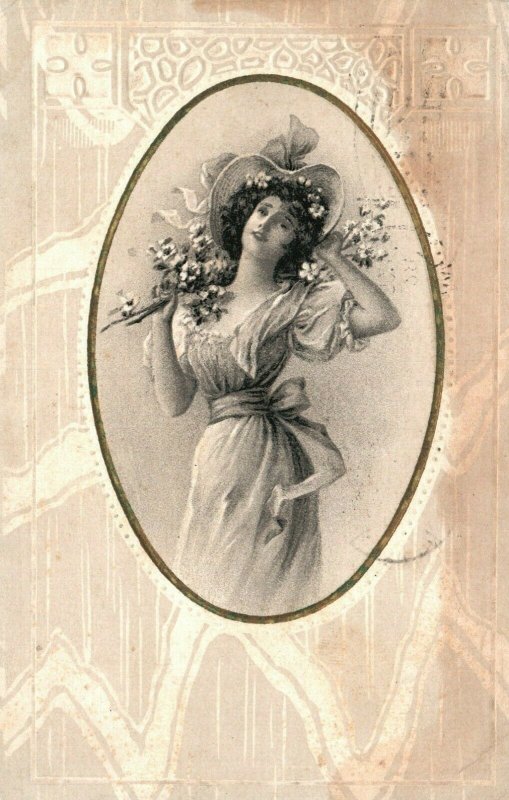 Vintage Postcard 1910 Portrait of Woman with Bouquet of Flowers Embossed