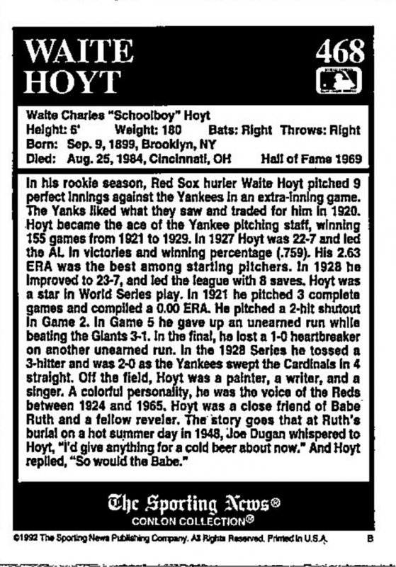 1992 Sporting News Baseball Card Waite Hoyt Pitcher 1929 New York Yankees sun...