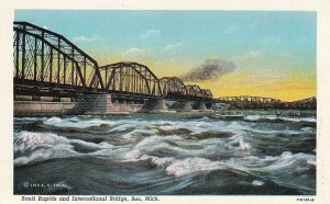 Postcard Sault Rapids International Bridge Soo MI