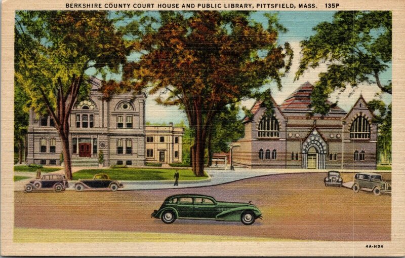 MA Pittsfield Massachusetts linen postcard COURT HOUSE LIBRARY UNPOSTED