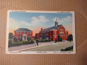 1940's St Joseph's Rectory and Church, Gardner, Massachusetts Linen...