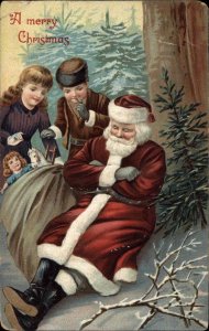 Christmas Children Pillage Toys While Santa Sleeps Vintage Postcard