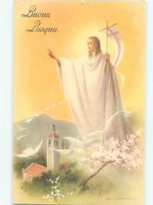 foreign Old Religious Postcard signed JESUS HOLDING THE FLAG ON CROSS AC2553