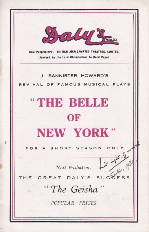 The Belle Of New York Musical Dorothy Ward Dalys London Theatre Programme