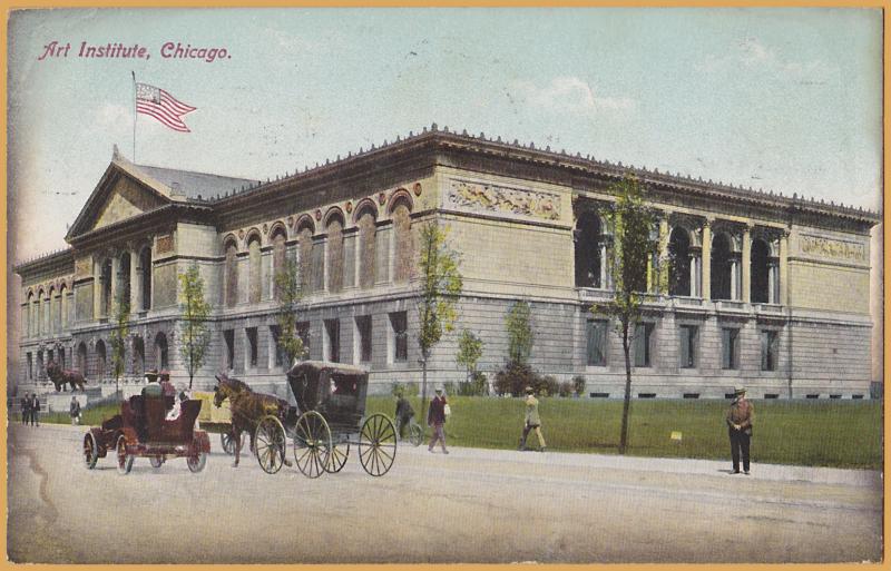 Chicago, ILL., Art Institute, Vintage Autos with Horse drawn buggies - 1909