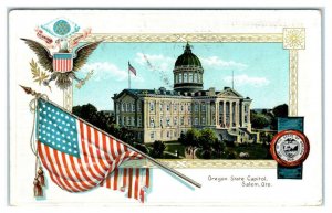 SALEM, OR Oregon ~ State CAPITOL BUILDING, Seal, Flag 1909 Langsdorf Postcard