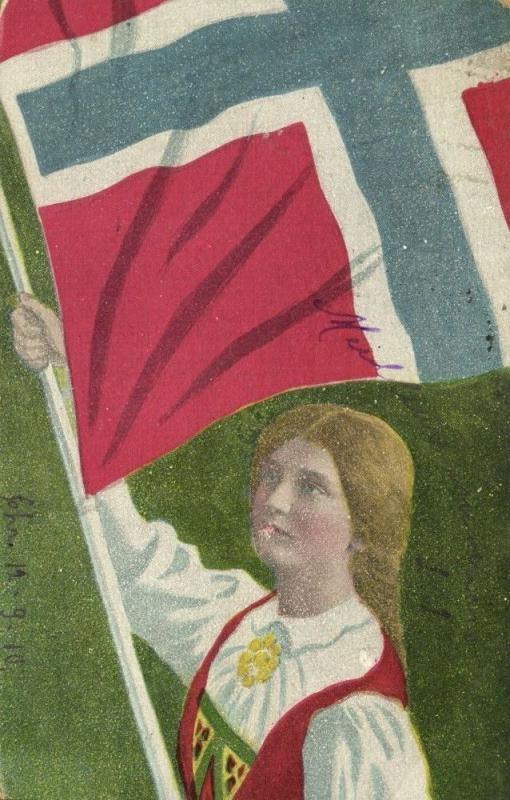 norway norge, Young Girl in Traditional Dress with Norwegian Flag (1910s) Stamp