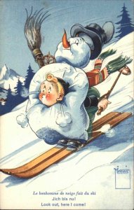 Winter Fantasy Little Boy Skiing with Snowman Vintage Postcard