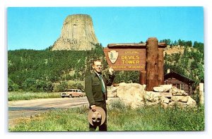 Devil's Tower Wyoming Postcard Park Ranger Sign Old Car