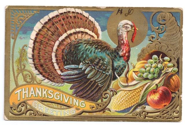 Thanksgiving Greetings Turkey Gold Cornucopia Fruit Corn Vntg Gilded Embossed Po