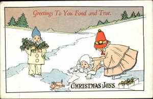 Christmas Clowns Children Try to Catch Lucky Piglet Ser. 513 Vintage Postcard