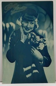 Bonne Annee, Happy New Year, RPPC Pretty Lady Blue Tinted Postcard G11