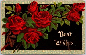 1911 Best Wishes Greetings Red Roses Flowers Blue Frame Posted Postcard